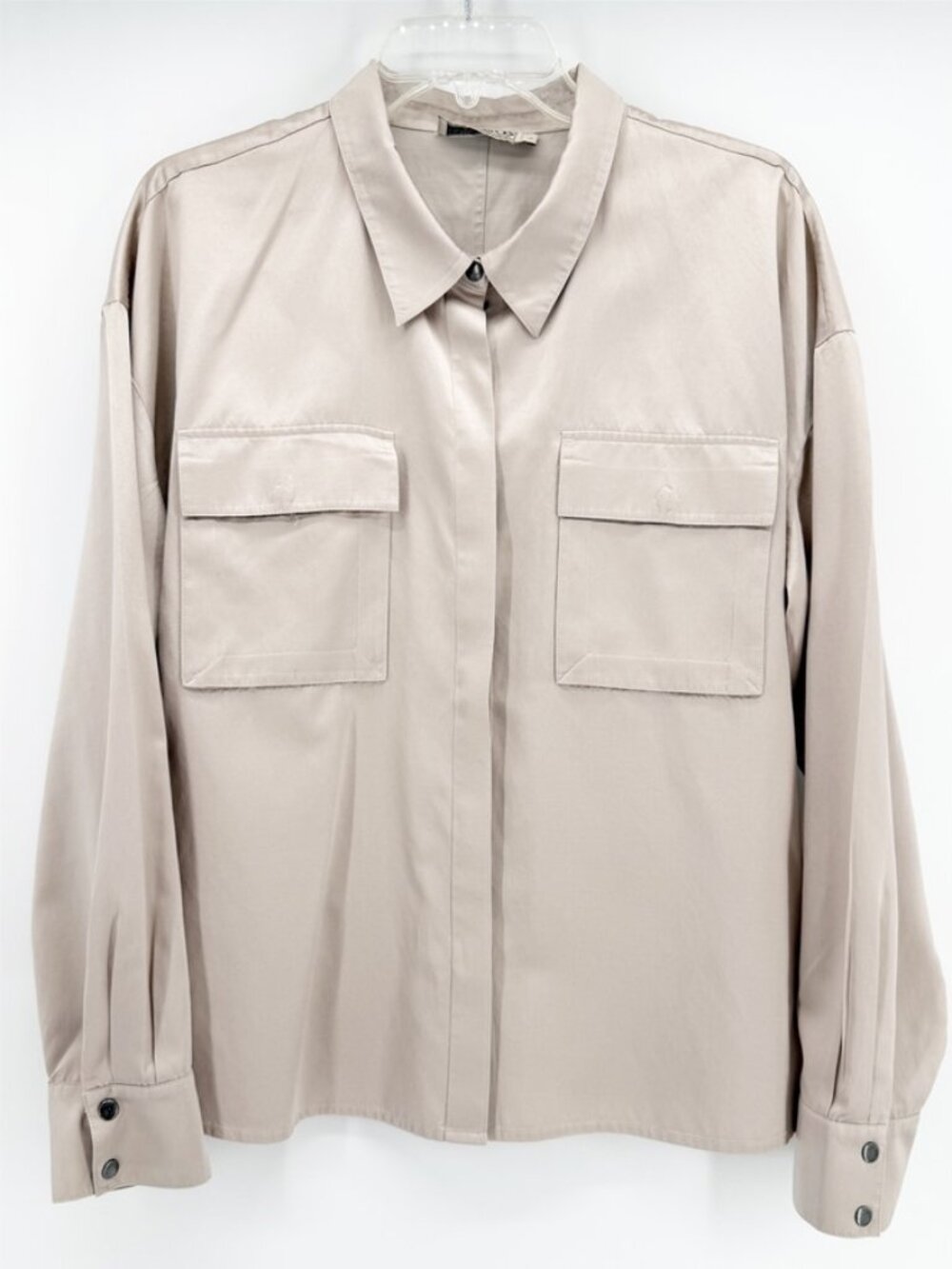 GO Silk Washable Silk Beige LSV Cargo Pocket Blouse L